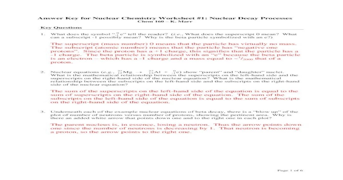 Nuclear chemistry worksheet answer key