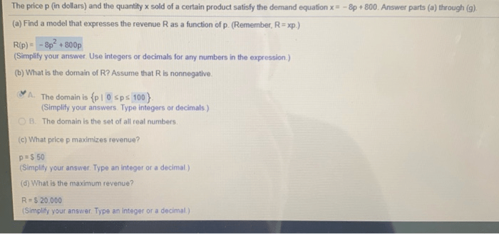 Quantity sold price dollars equation satisfy certain demand answer through parts solved